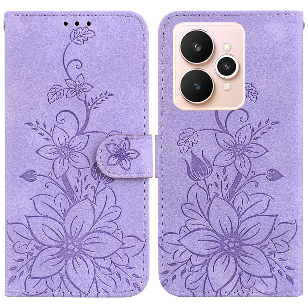 For Realme 15 Pro 5G/15 5G Stand Case Lily Flower Imprint Leather Phone Cover with Wrist Strap