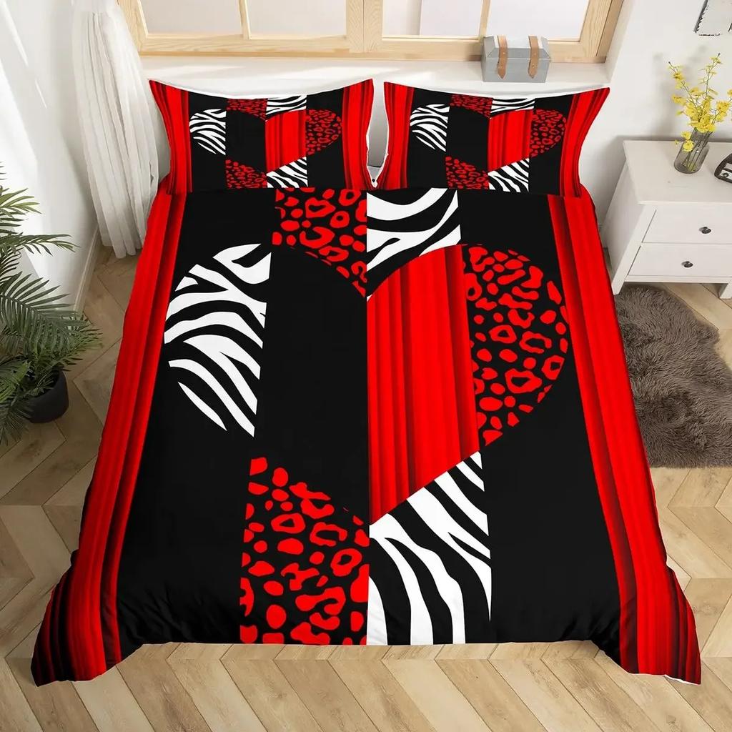 Queen Bedding Set Zebra Stripes Duvet Cover Red Glitter Lips Comforter Cover Girls Women Black White Leopard Print Duvet Set