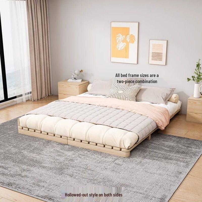Japanese Tatami Solid Wood Moisture-Proof Low Bed with Slat Base - No Headboard, Double Floor-Standing Simple Platform Design.