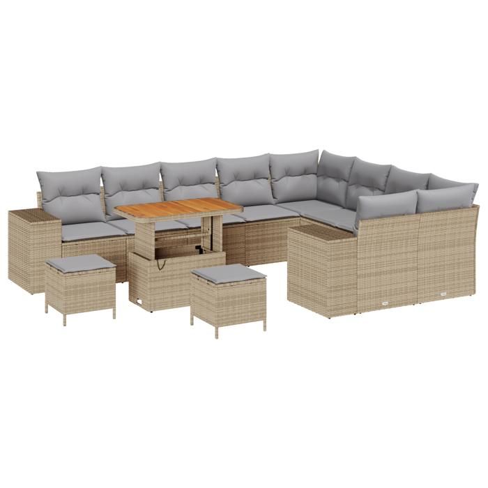 Ensemble de canapé de jardin de 12 pièces avec coussins beige en poly rotin, Set de salle à manger de jardin 3 pièces 3362047