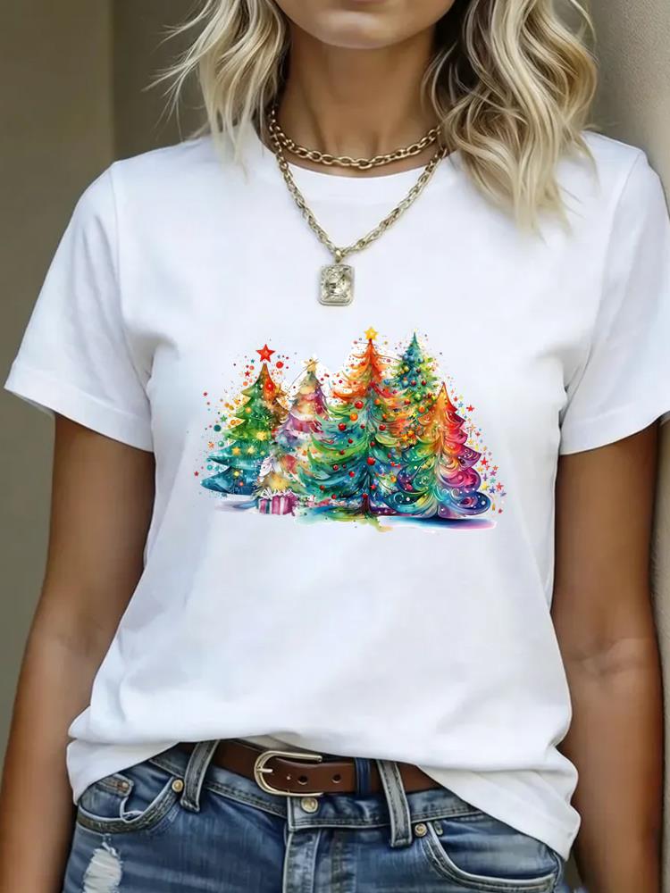 (Asian Size) plaid truck Merry Christmas Women's Top Short Sleeve T-shirts O-neck T Shirt Print Fashion Casual New Year Clothing Graphic Tee