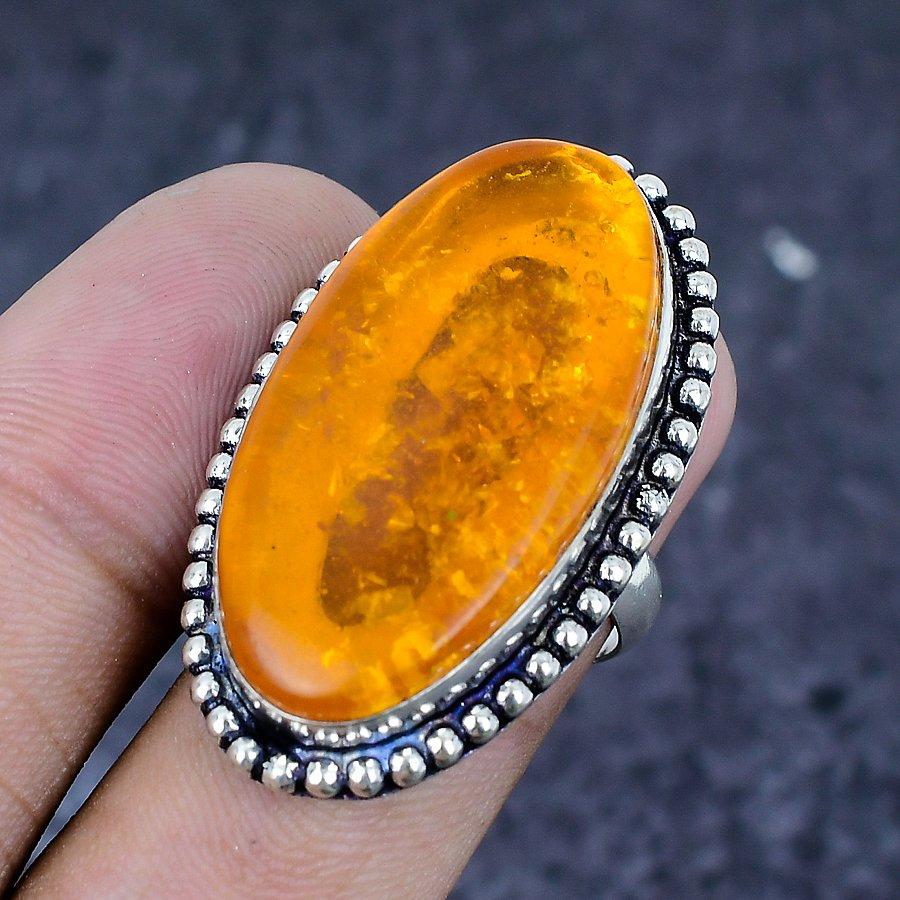 Natural Baltic Amber Gemstone 925 Sterling Silver Jewelry Ring Size 7 n7G49
