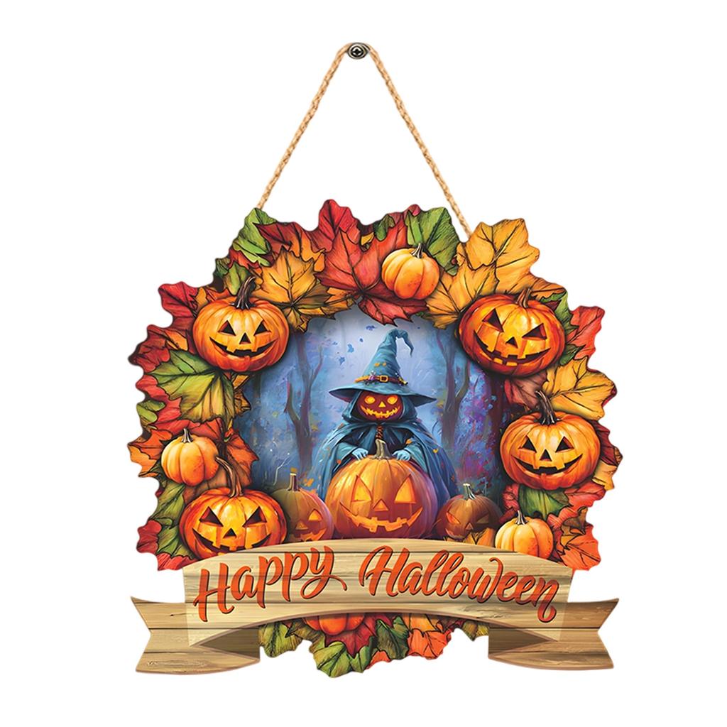 Colorful 2D Flat Halloween Ghost Bat Witch Pattern Wooden Door Hanger for Front Door Wall Window Decoration