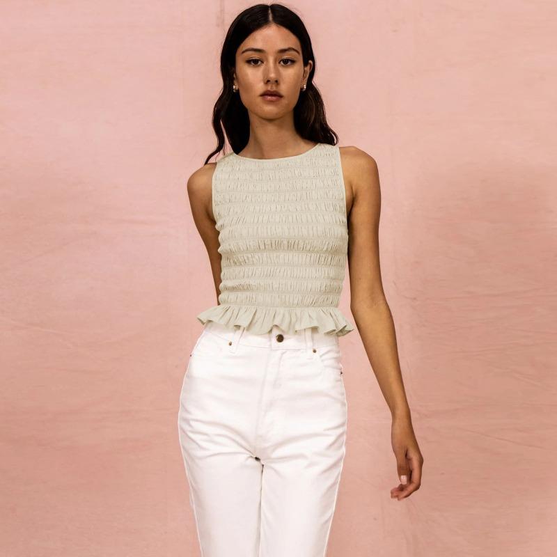 Women's Spring New Pleated High Stretch Slim Top with Ruffled Edge