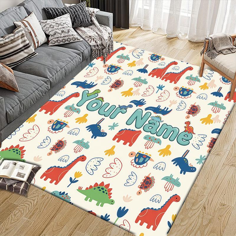 Custom Name,Cute Cartoon Dinosaur Home Sofa Decoration for Living Room & Bedroom, Non‑Slip Play Flannel Floor Mat for Game Room