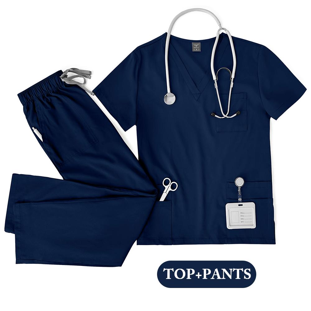 Unisex Medizinische Uniformen Herren Damen Pflegekleidung Labor Schönheitskostüm Krankenpfleger Kasackset Arzt Zahnarzt Arbeitskleidung Klinische Oberteile Hosen XL dunkelblaue