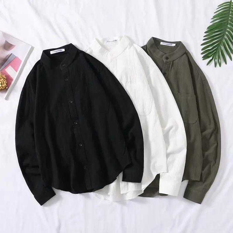 Men's Slim Fit Japanese Retro Linen-Cotton Shirt, Long Sleeve, Stand Collar, Casual All-Match Design.