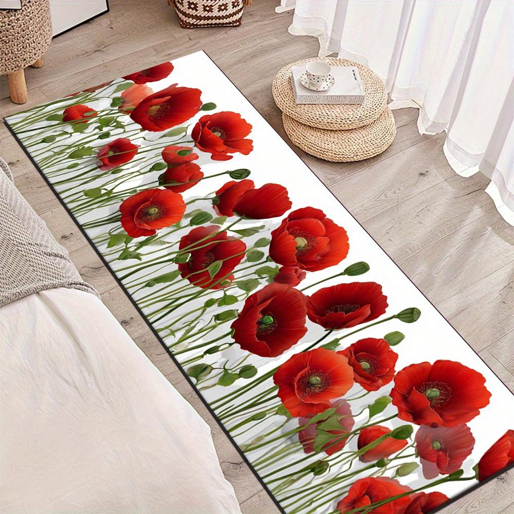 1 Stück rustikaler Stil lebendiges rotes Mohnblumen-Muster rutschfester waschbarer Teppichläufer für Eingangsbereich, Wohnzimmer, Schlafzimmer & Terrasse