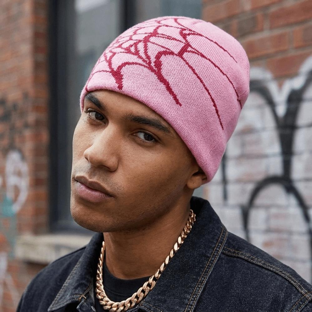 Warm Pullover Hat Stretch Cuffed Knitted Hat Gothic Spider Web Pattern Beanie Caps  Outdoor