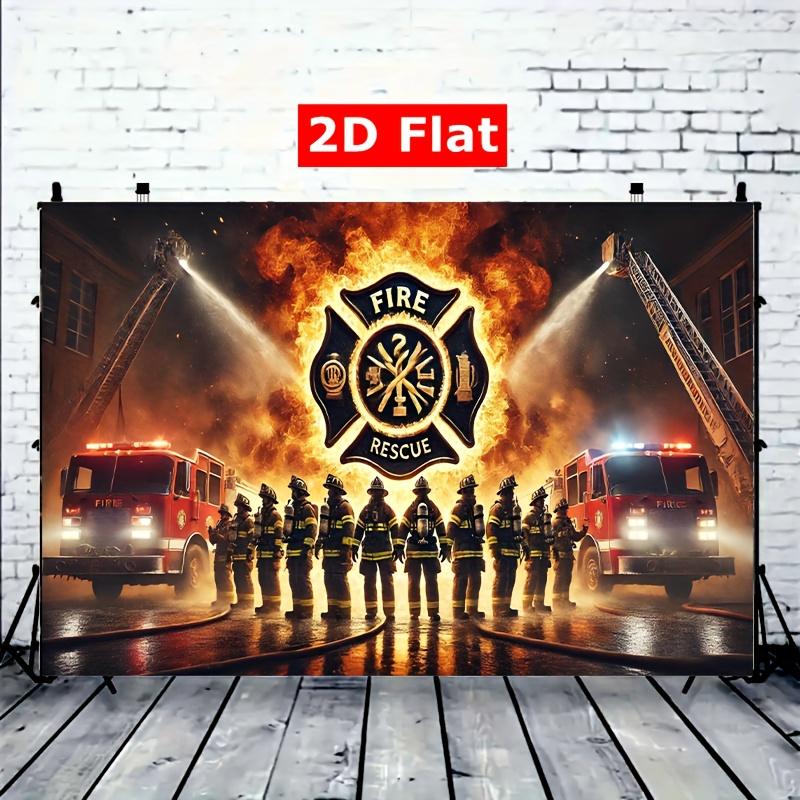 1 piece of 2D flat firefighter brave rescue scene polyester fabric, 8x6 feet party bannerDJH