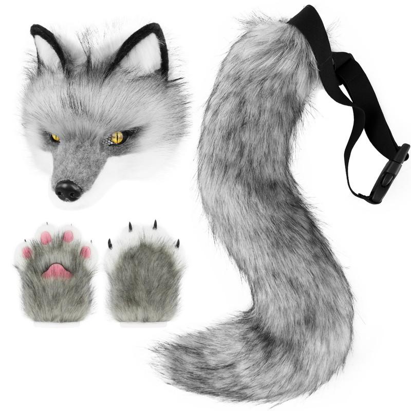 Furry Fox Tail Half Face Mask Claw Gloves Set Adult Cosplay Anime Party Costume Accessory