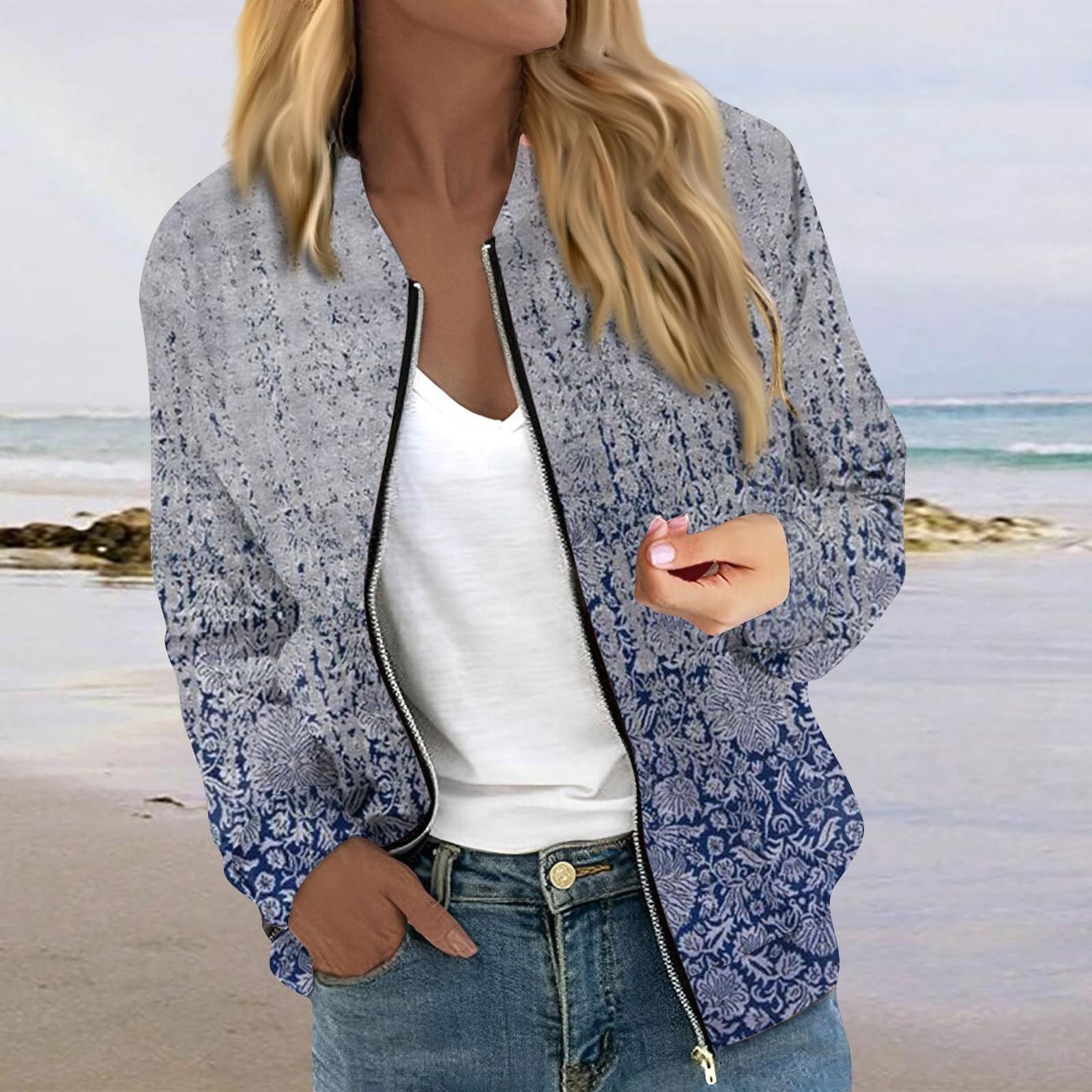 

Куртки для женщин, легкие укороченные куртки с длинным рукавом на молнии, модная верхняя одежда с принтом, повседневные стеганые куртки с карманами M синий