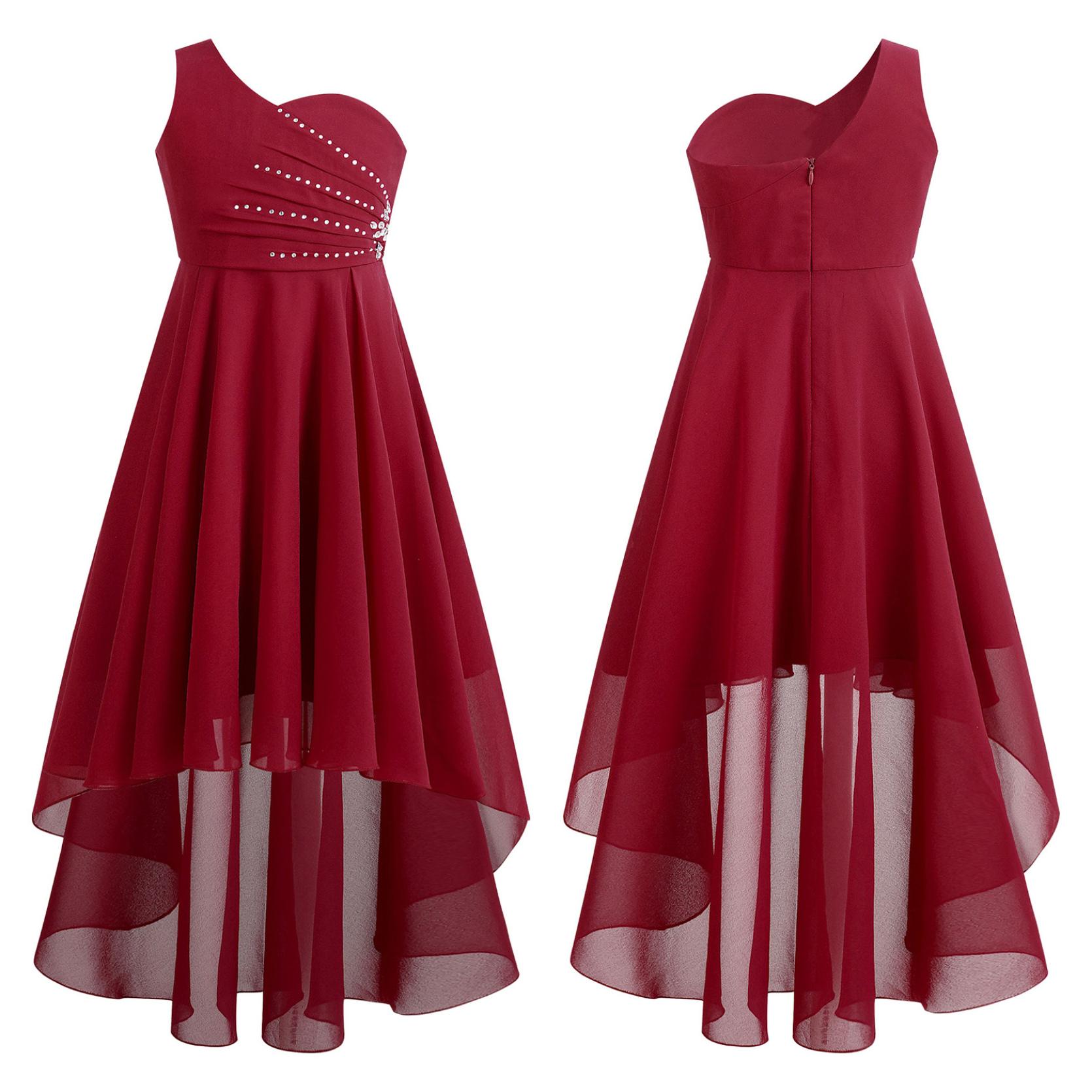 

Детское праздничное платье с блестящими стразами для девочек и бисером, без рукавов на одно плечо, шифоновое платье для подружки невесты на свадьбу, вечернее платье для выпускного вечера 15-16 Years бордовый