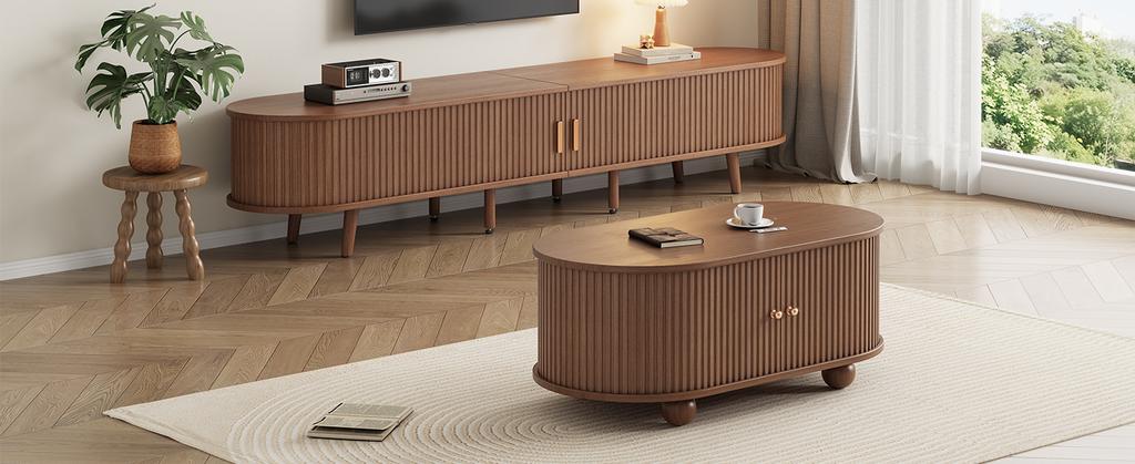 Living Room TV Cabinet with Storage Space + Coffee Table Combination, Walnut Combination In Original Wood Color, MDF, Set of 2