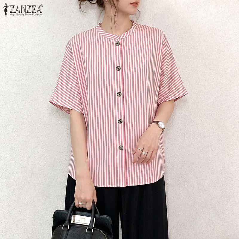 ZANZEA Women Casual Round Neck Stripe Print Loose Half Sleeve Blouse