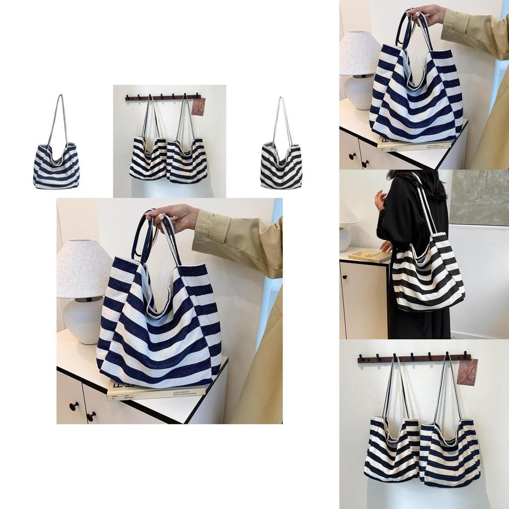 Stylish Korean Ins Color Block Striped Canvas Tote Bag Large Capacity For Shopping
