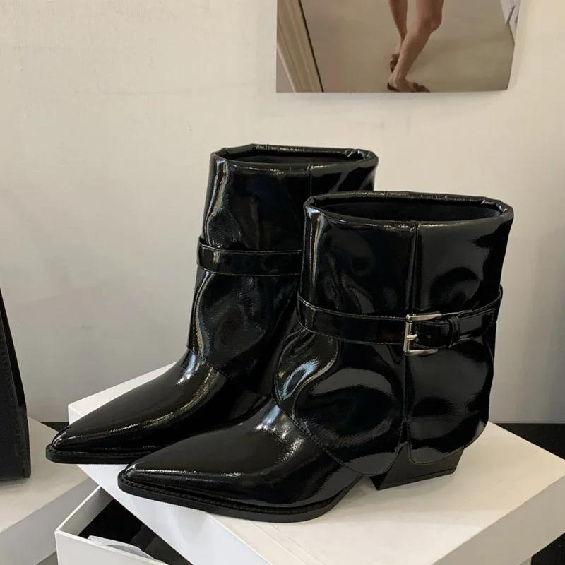 

Eilyken Fashion Women Ankle Boots Punk Pointed Belt Buckle Shoes Square Low Heels Chelsea Short Botas Para Mujer 35