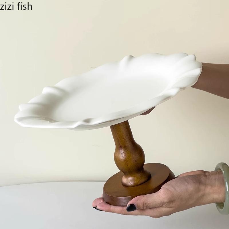 Vintage Simplicity Ceramic Fruit Plate Creative Wood High Foot Snack Plate Afternoon Tea Cake Display Plate Household Products