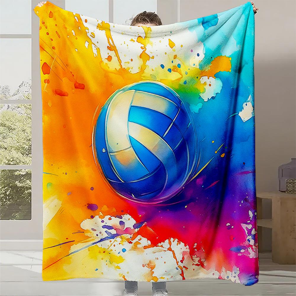 

1pc Volleyball Print Fleece Blanket - Plush High-GSM All-Season Soft Bedspread with Turquoise Yellow Pink Blue Watercolor Volley 130x150cm