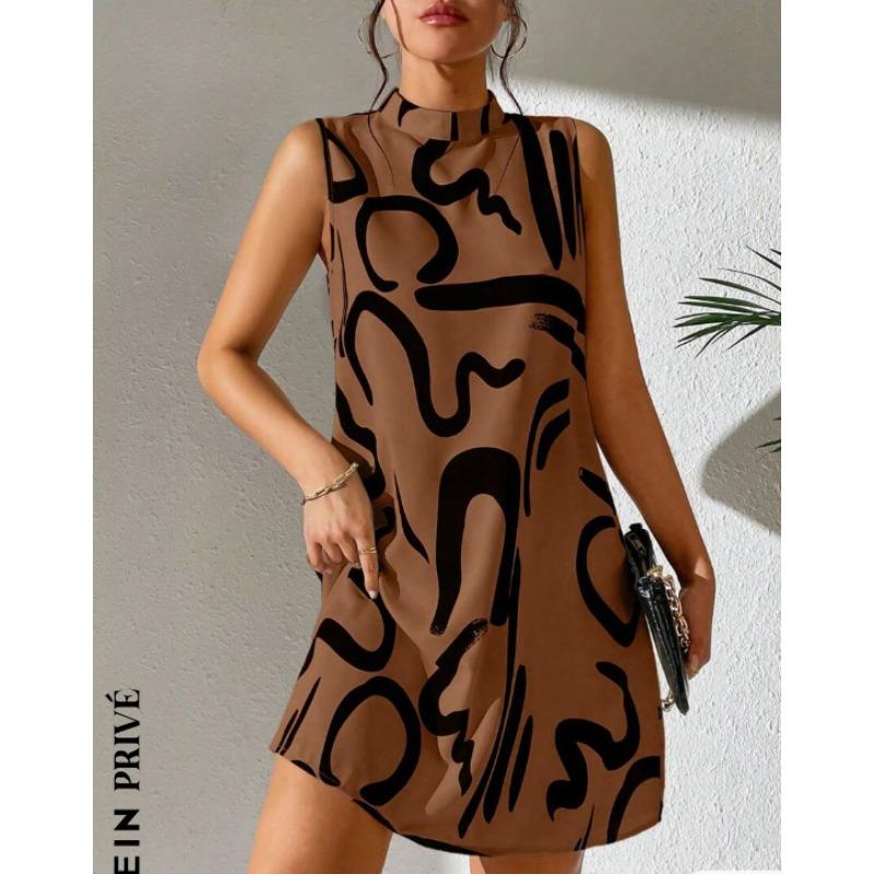 VEZFAA Women's Fashion Summer Spring Colour Block Print Sleeveless Half Turtleneck Loose Waistlinet Casual Dresses