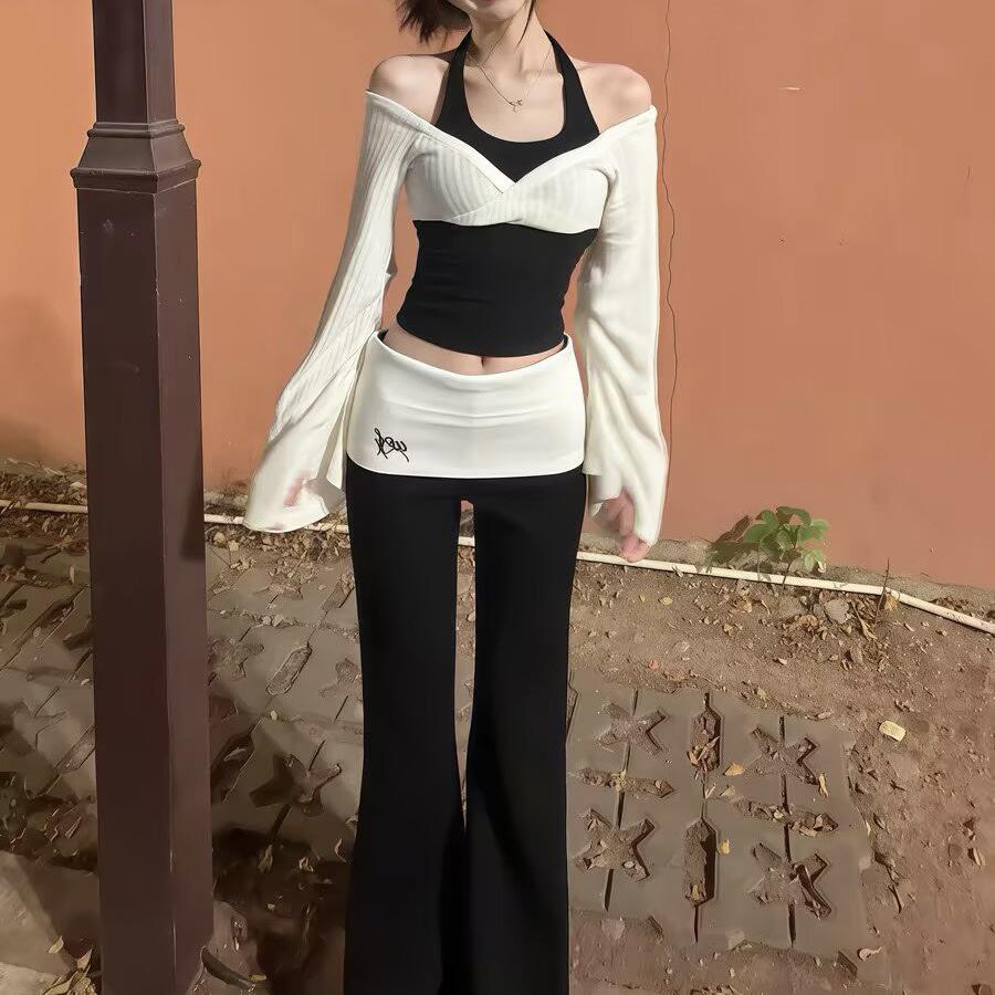 

Stylish Halter Off-Shoulder Long-Sleeve Top & High-Waisted Slimming Pants Set for Women - Spring Collection Medium