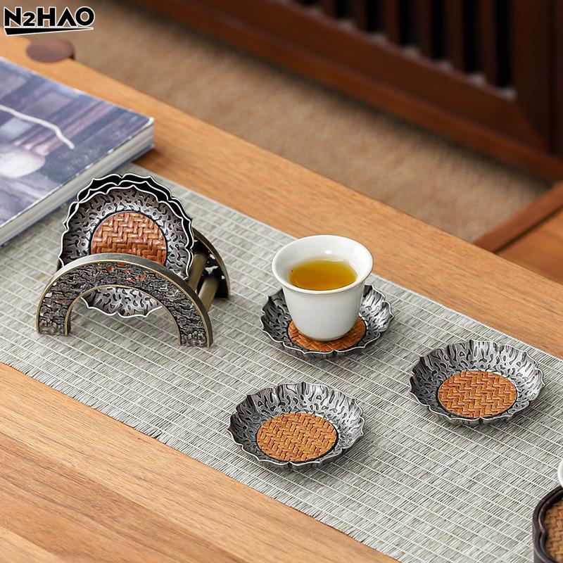 1PC 7cm Metal Cup Mat Woven Rattan Coaster Tea Ceremony Accessories Modern Home Decor Chinese Style Gongfu TeaSet Unique Gift