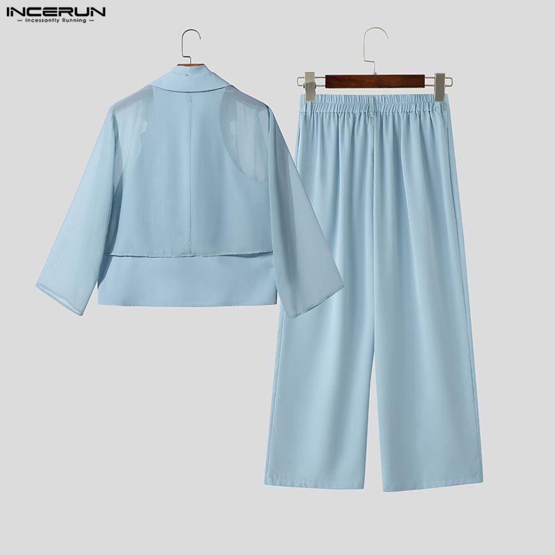 INCERUN Men Sets 3/4 Sleeve Mesh Sheer Layers Tops and Long Pants Casual Suits