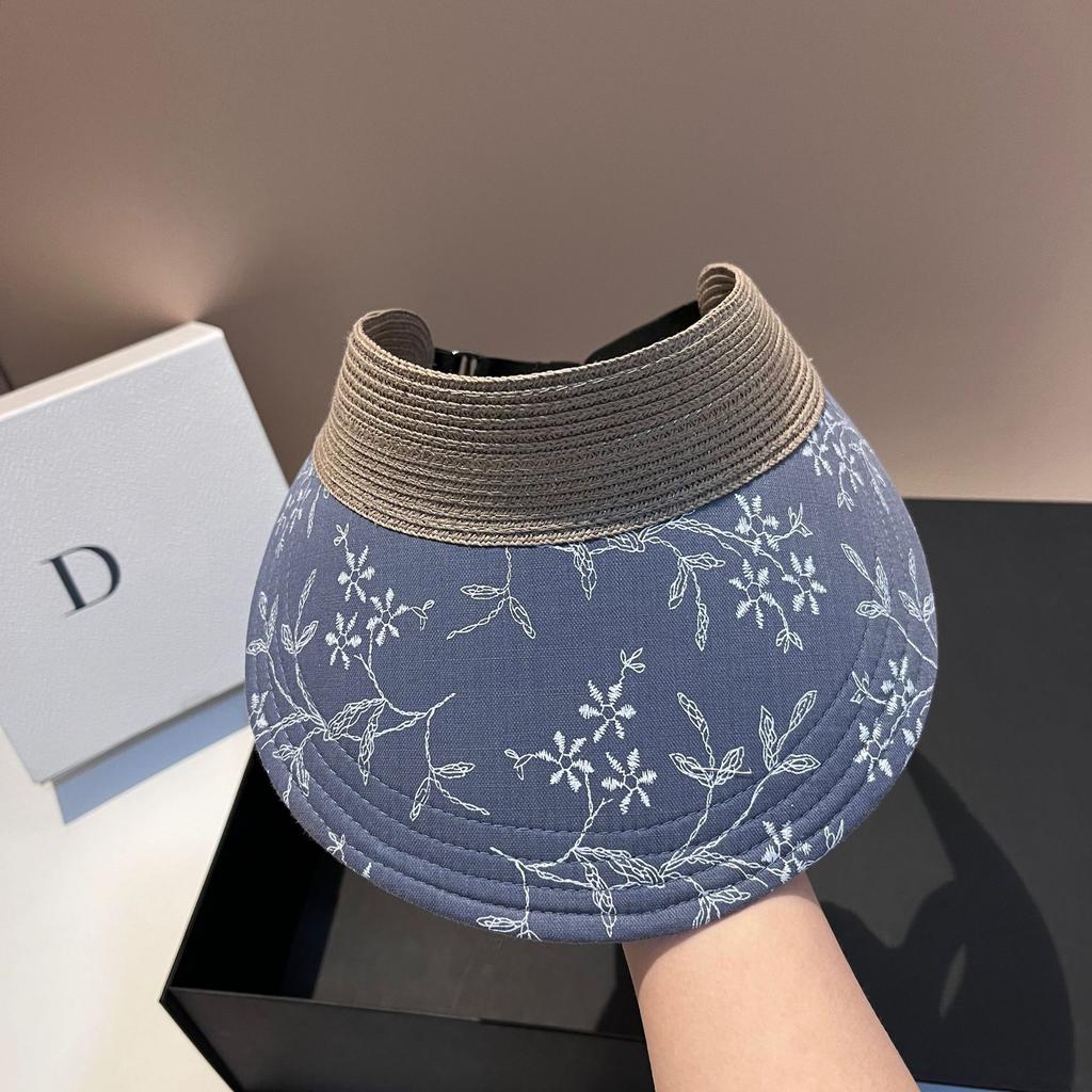 Beach Straw Woven Sunshade Hat Rhinestone Embroidered Sun Hat Fashionable Leisure Vacation Foldable Women's Empty Top Hat