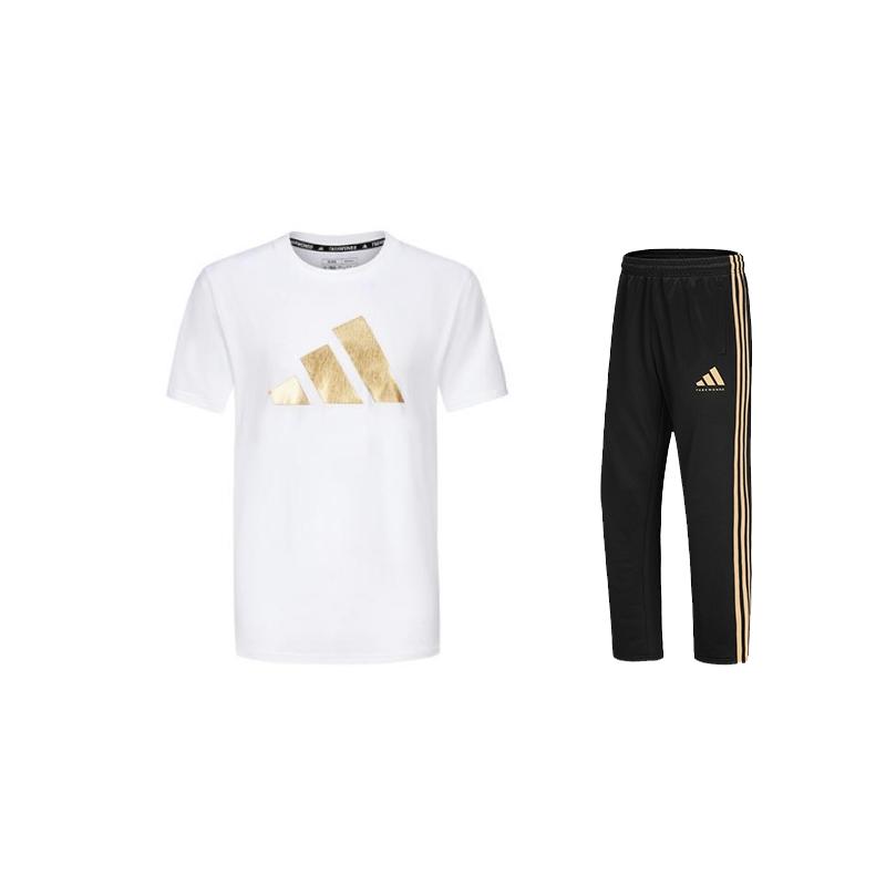Adidas Taekwondo Pullover Round Neck Simple Short Sleeve T-Shirt Comfortable Striped Fashion Long Pants Casual Sports Suit ADICLTSPSTK-WG+TR30PT-BG