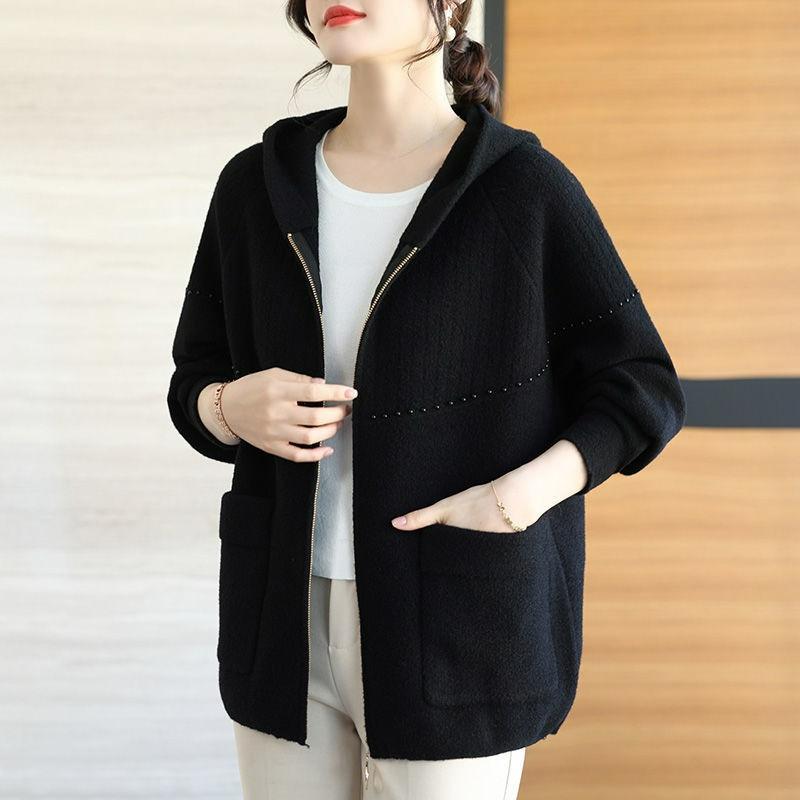 

Мама Осеннее Шерстяное Пальто Однотонное Худи Модный Женский Ветрозащитный Плащ S чёрный