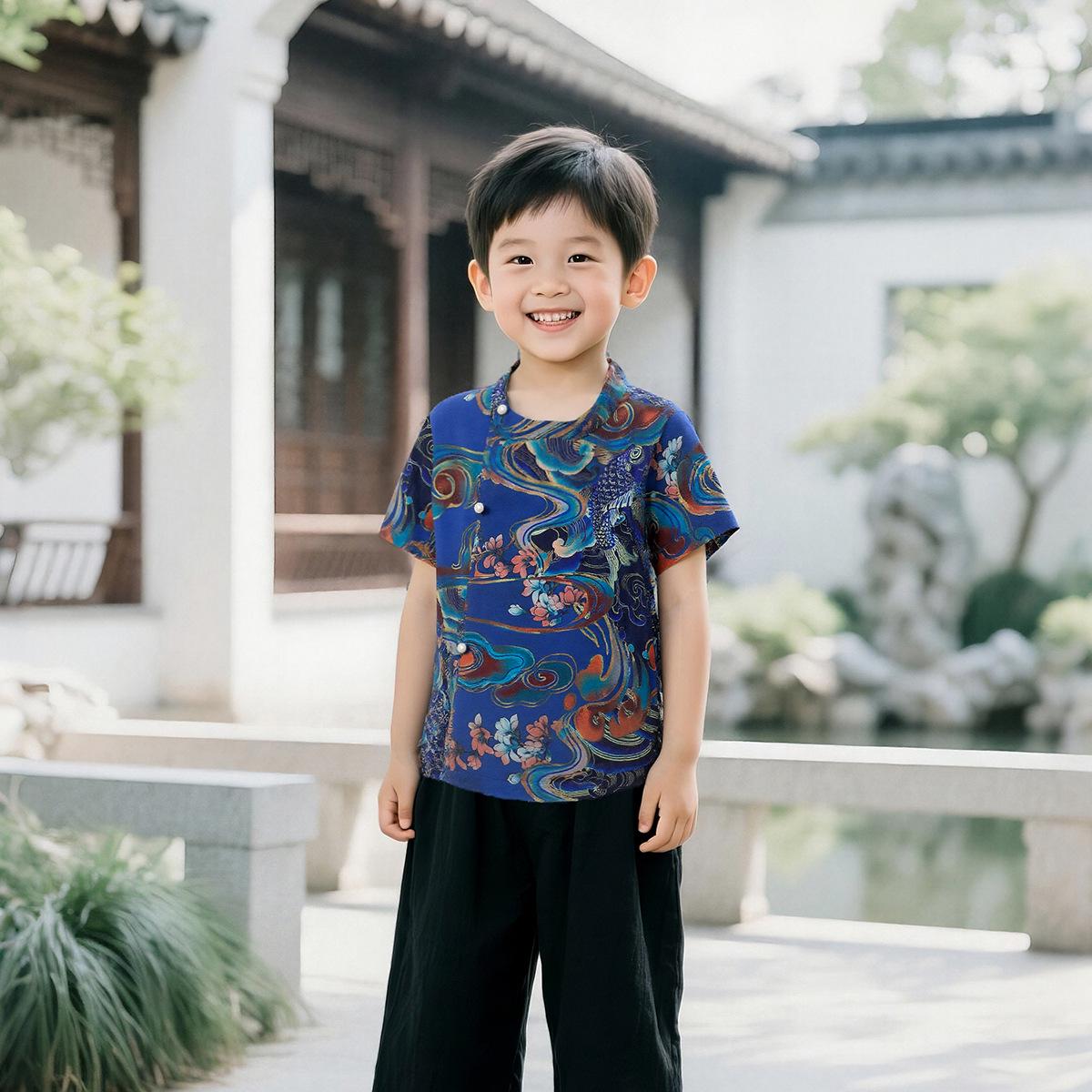 

Trendy Summer Retro Chinese Stand-Collar Shirt with Frog Button Print for Boys 140cm (28-34kg)