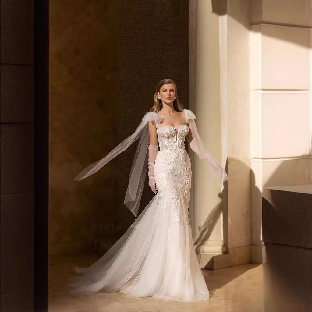 Wedding dress temperament summer new one-word shoulder wedding dress large skirt disassembly lace trailing wedding dress