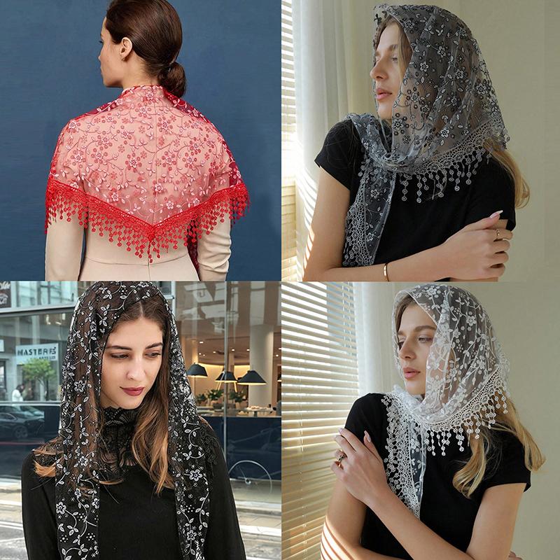 Simple Floral Printed Lace Triangle Scarf Embroidered Ethnic Style Lace Head Scarf Thin Scarf Accessories Veil Headband Women