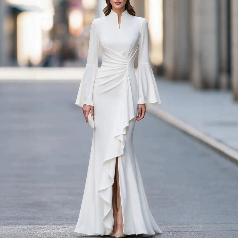 Elegant Womens Fitted Mermaid Evening Gown With Ruched Waist Flounce Hem Side Slit Long Dress
