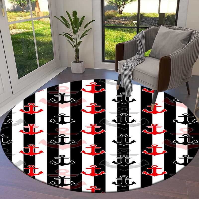 1pc Nautical Anchor Pattern Round Carpet, Made of Polyester,Office Chairs, Living Rooms, Or Bedrooms, a Cool Rug for The Living Room.ydt26056
