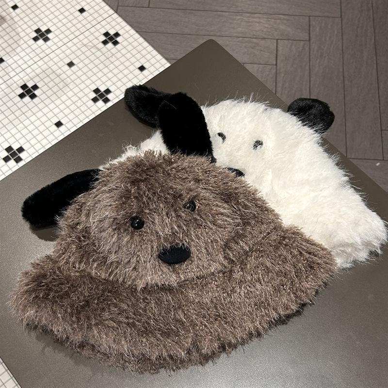 

Шапка-ведро с ушками щенка, женская, осенне-зимняя, большая окружность головы, плюшевая, милая мордашка, маленькая теплая шапка M（54-58cm）