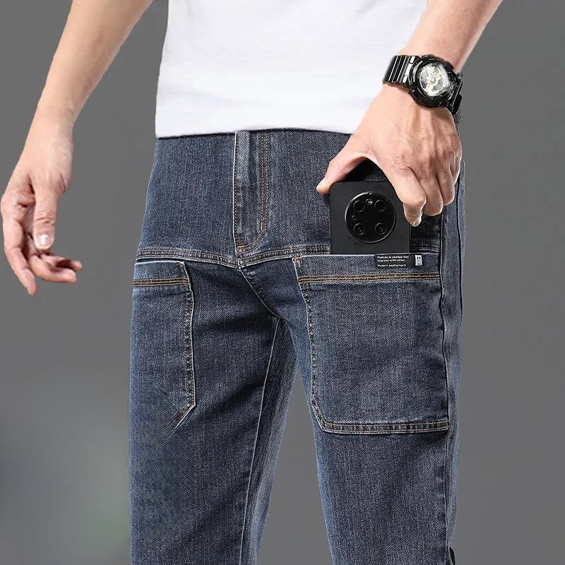 

Весенние и осенние джинсы мужские прямые свободные эластичные деловые длинные брюки многокарманные брюки-карго 28 синий