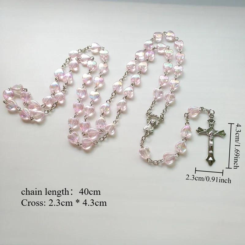 Rosa Liebesherz Rosenkranz Halskette Jungfrau Maria Christus Jesus Kreuz Anhänger Halskette Damen Herren Katholischer Schmuck Geschenk