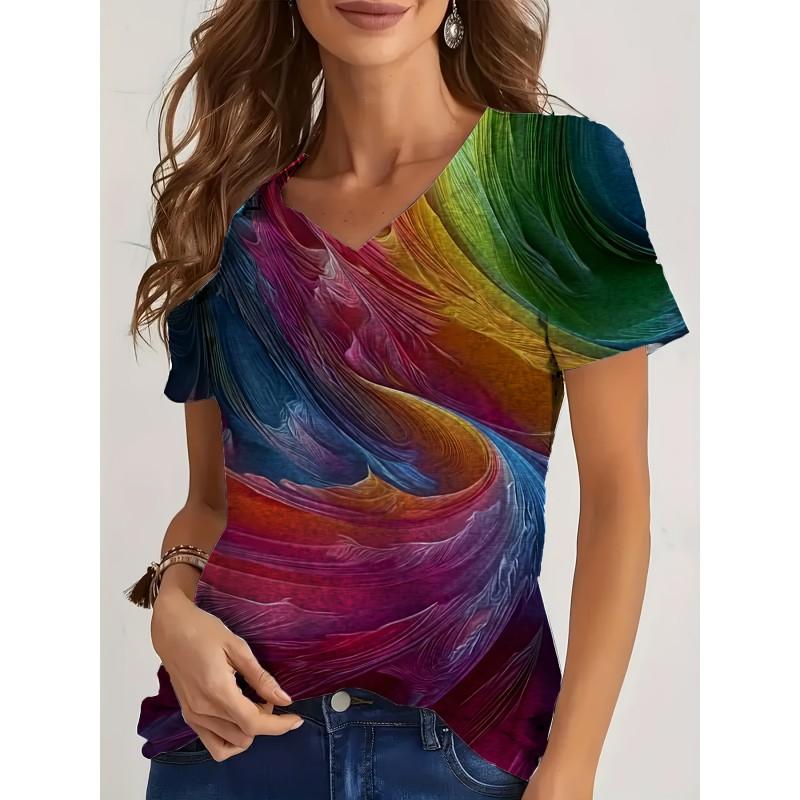 Womens V-Neck Loose Fit Short Sleeve T-Shirt With Floral Print Casual Top