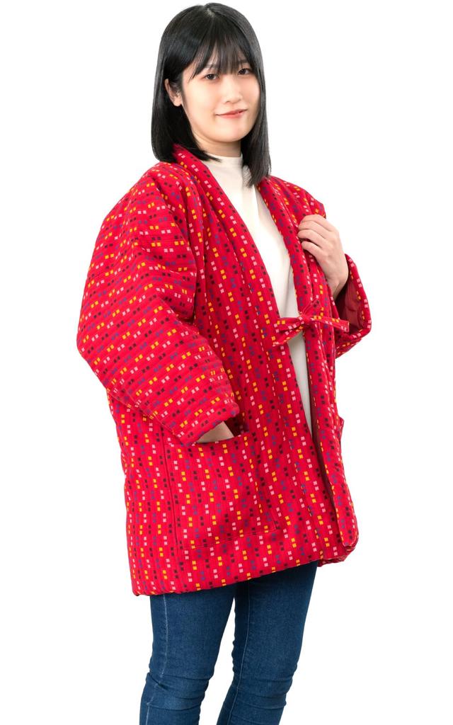 Aiai Kurume Cotton Hanten Hanten with Cube Made in Japan Women's (Red) Pattern,