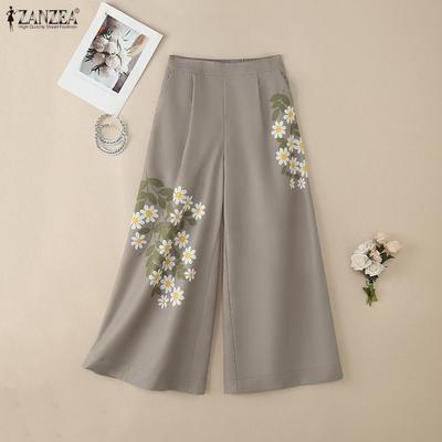 Women Casual Floral Print Loose Wide Cropped Pants
