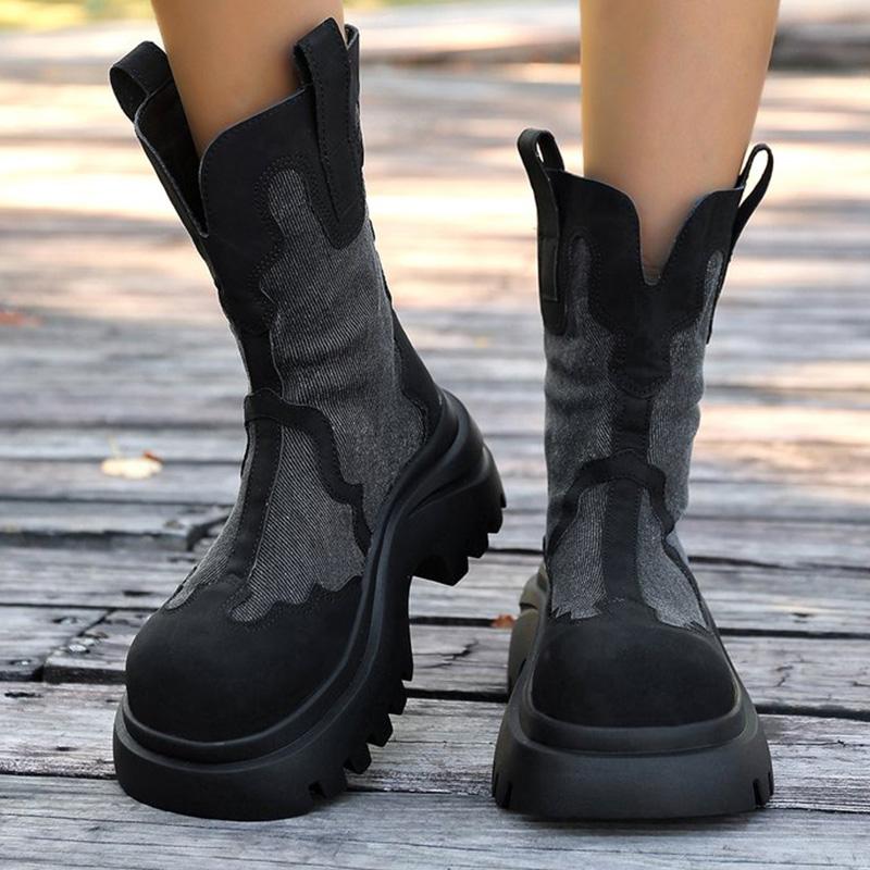 Fashion Retro Zipper Up Black Khaki Women's Boots Autumn Winter High Heel Platform Ankle Boots Woman Anti Slip Wedges Botas Mujer