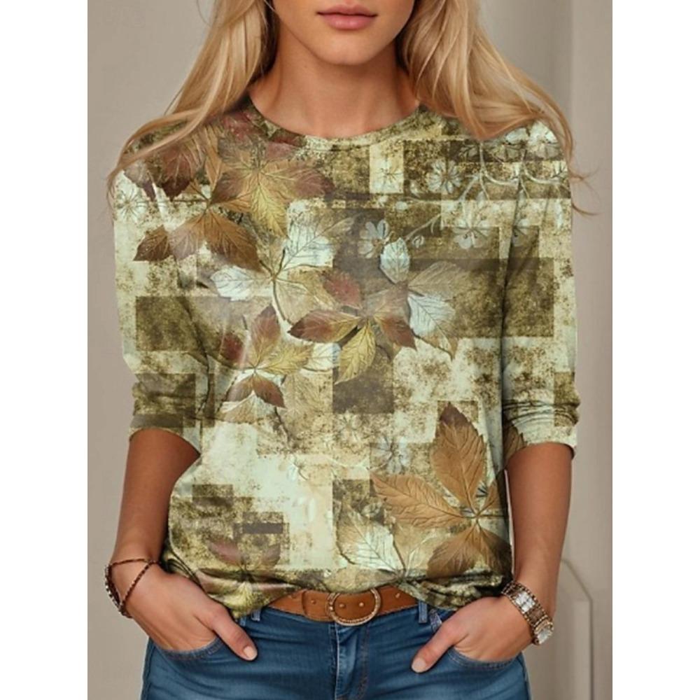 Tops for Women Geometric Pattern Print  Round Neck Long Sleeve T-shirt Fall Casual Slim Pullover Women's Long Sleeve Top