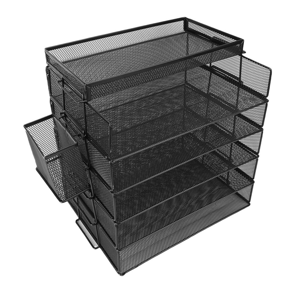 5 Tray Paper Organizer 5 Tier Letter Storage Mesh Desk File Sorter with Top Box Pen Container for