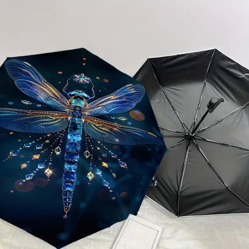 1PC Dragonfly Glitter Automatic Open/Close Umbrella with Windproof, 8-Rib Sturdy Canopy, Durable Ribs, Fashionable Design, Outdoor Accessory, Fun Prin