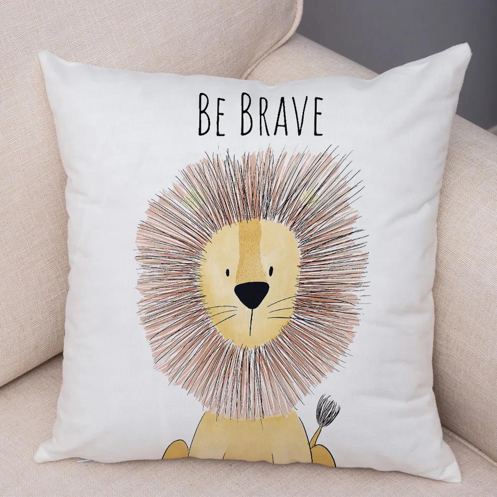 Nordic Be Brave Zebra Hippo Giraffe Pillow Case Decor Cute Animal Cushion Cover for Sofa Lion Fox Soft Plush Pillowcase 45x45cm