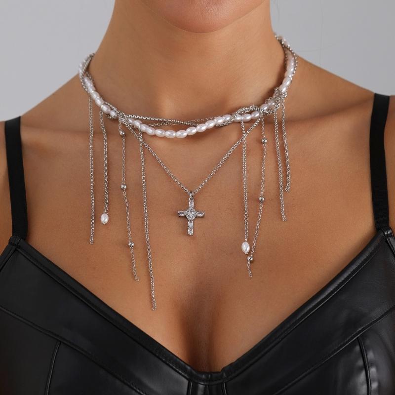 Stylish Faux Pearls Dangle Tassels Necklace Crucifix Pendant Trendy Clavicle Chain Accessory For Casual or Formal Outfits