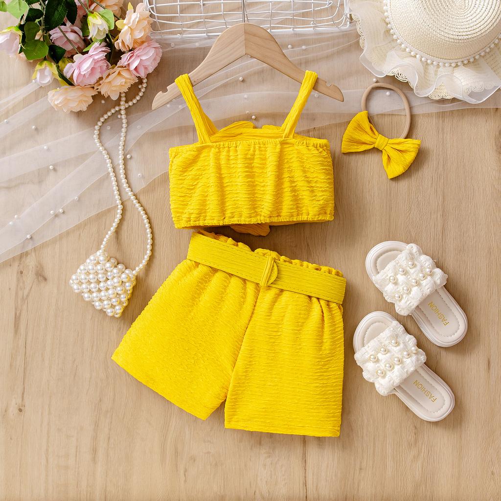 Girls' Fashionable Set Summer Children's Multi-color Three-dimensional Flower Halter Top + Shorts + Headwear