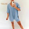 2 Teile/satz Frauen Sommer Sportswear-Set V Neck Side Split Kurzen Ärmeln Lose T-shirt Elastische Taille Mini Hosen Set Trainingsanzug Sport kleidung