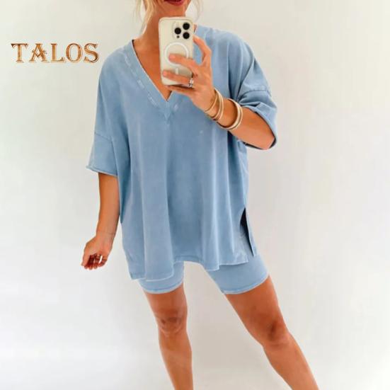 2 Teile/satz Frauen Sommer Sportswear-Set V Neck Side Split Kurzen Ärmeln Lose T-shirt Elastische Taille Mini Hosen Set Trainingsanzug Sport kleidung